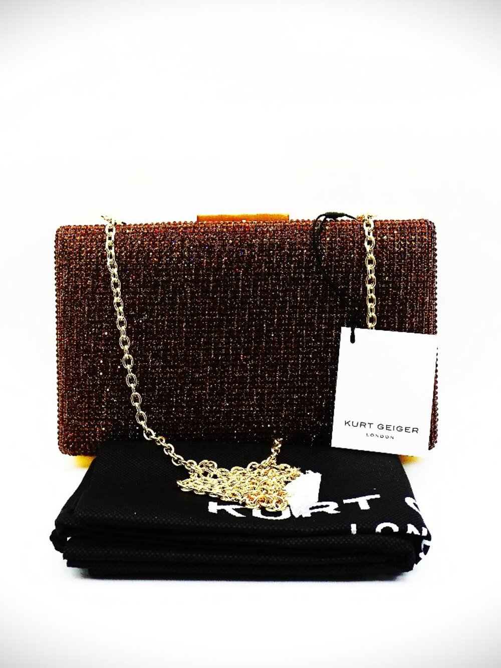 KURT GEIGER Crystal Box Clutch in Sparkle Rust Copper